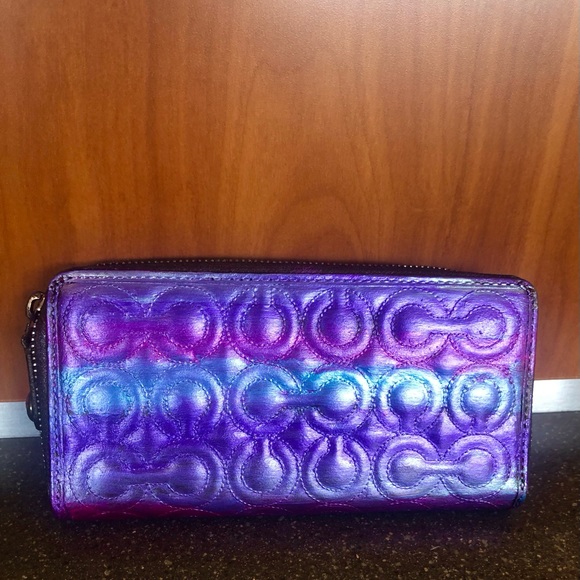 Coach Custom Design Metallic Multi Colored Signature C Leather Zip Wallet - Picture 5 of 10